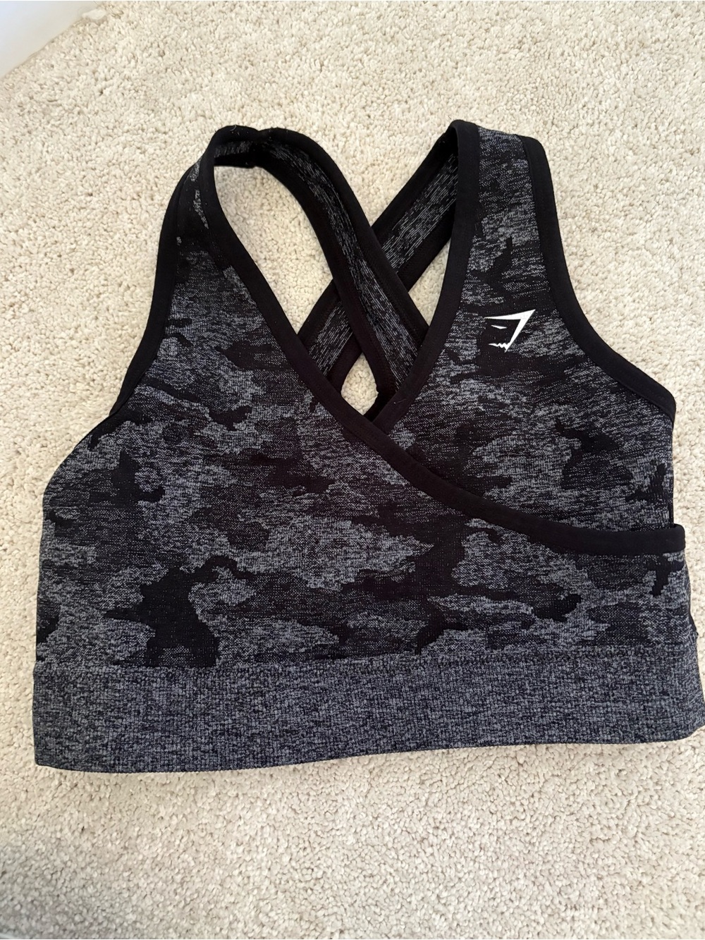 Gymshark Black & Gray Camo Cross-Back Seamless Sports Bra